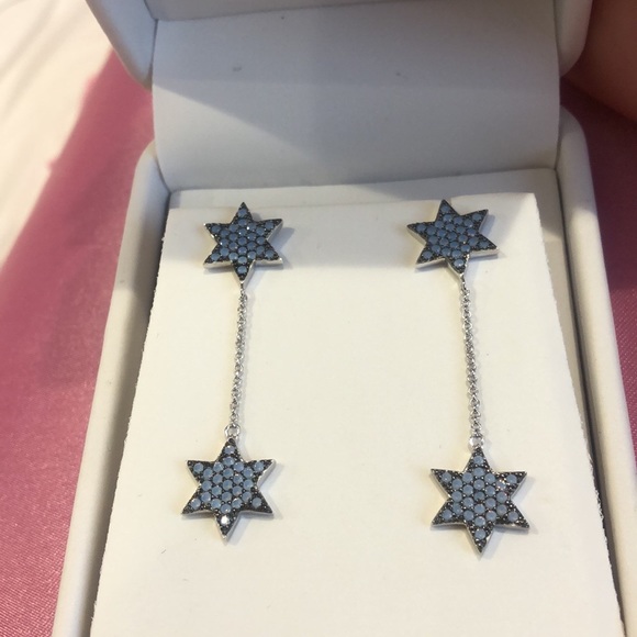 Stunning Blue Opalescent Double Star Sterling Silver Drop Earrings-Boutique - Picture 7 of 11